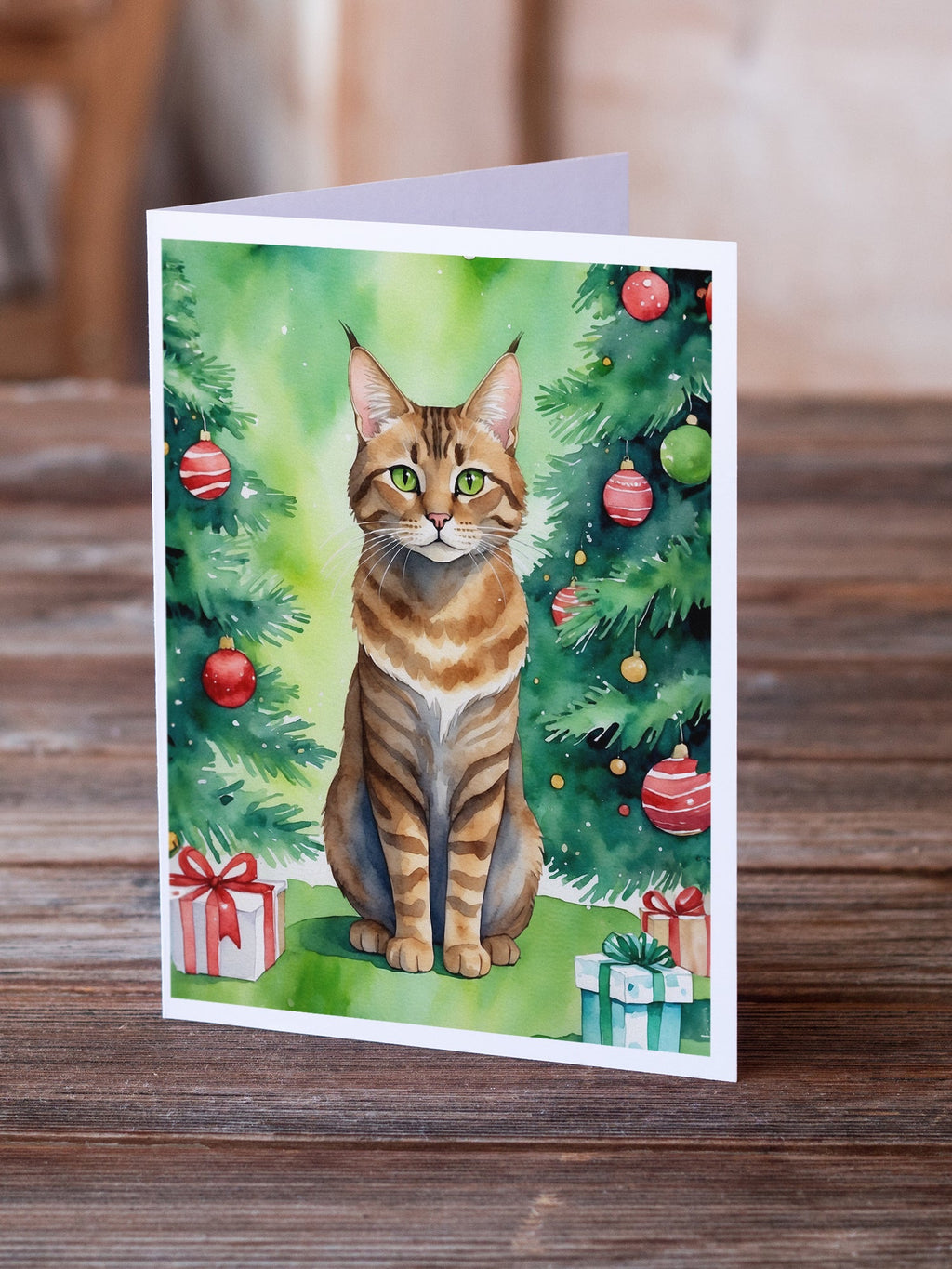 Sokoke Cat By the Christmas Tree Greeting Cards Pack of 8 Blank Cards with Envelopes Whimsical A7 Size 5x7