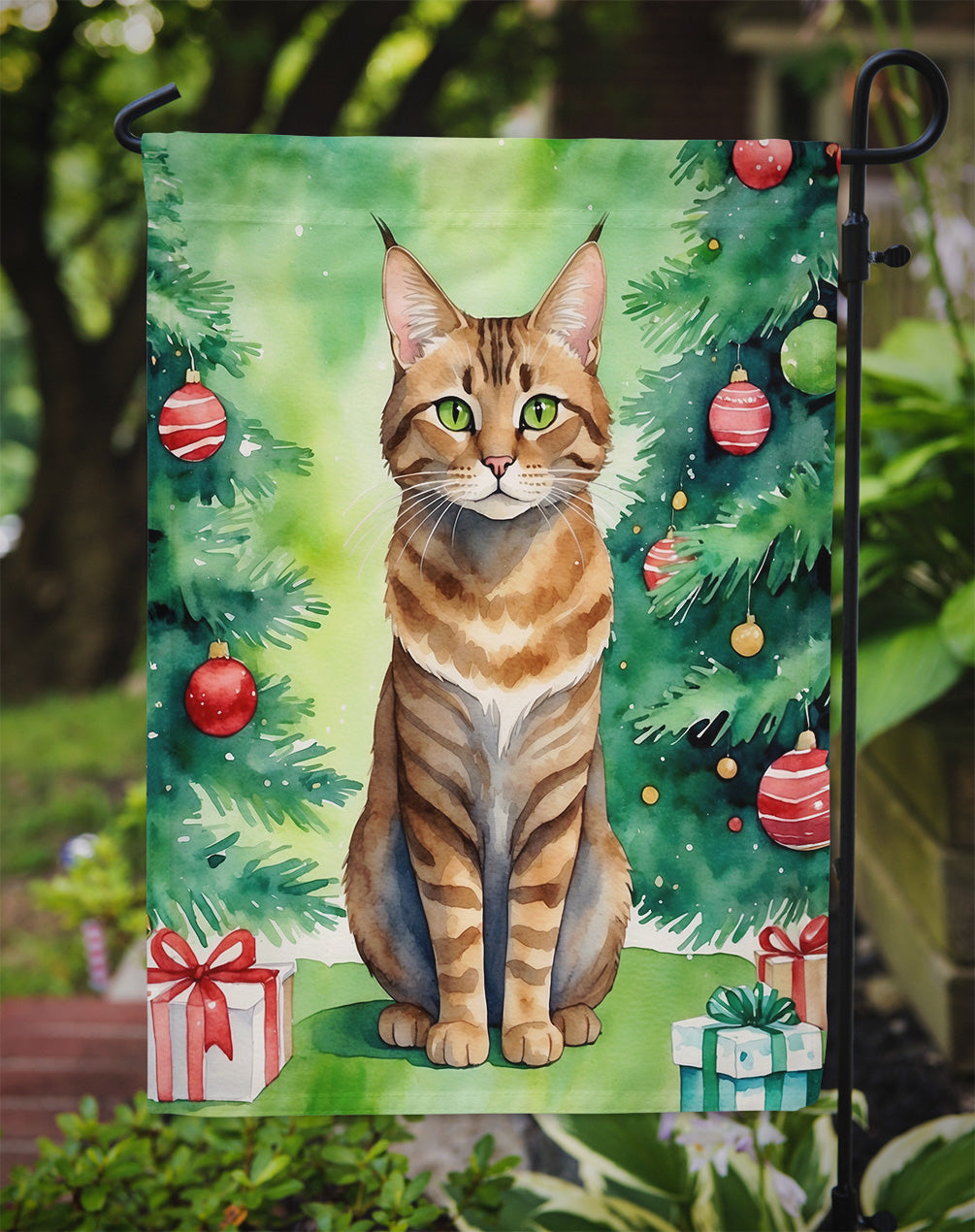 Sokoke Cat By the Christmas Tree Garden Flag Mailbox Decorative Yard Banner Outside Patio Artwork for Flower Beds, Garden Size, Multicolor