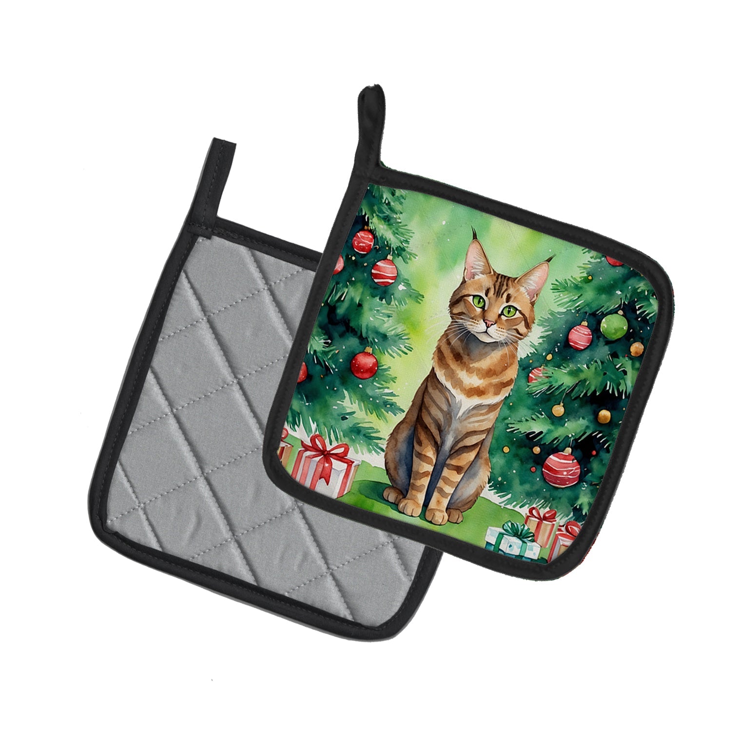 Sokoke Cat By the Christmas Tree Pot Holder Set of 2 Heat Resistant Quilted Hot Pads 7.5 x 7.5 Inch, Insulated Kitchen Trivets for Cooking & Baking