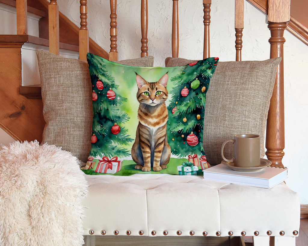 Sokoke Cat By the Christmas Tree Decorative Throw Pillow 14x14 Indoor Outdoor Accent Cushion, Fabric Cover with Insert for Sofa, Bed, Porch & Living Room