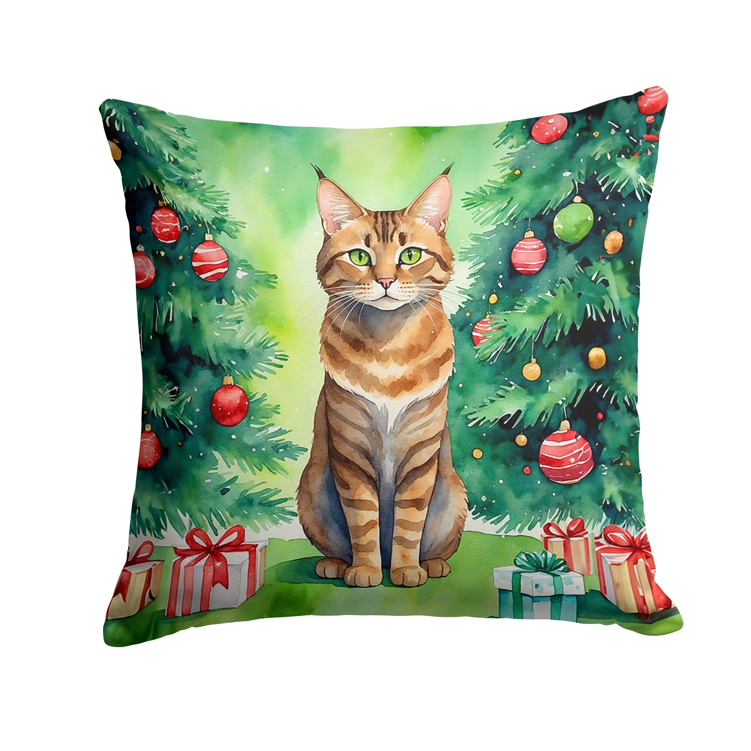 Sokoke Cat By the Christmas Tree Decorative Throw Pillow 18x18 Indoor Outdoor Accent Cushion, Fabric Cover with Insert for Sofa, Bed, Porch & Living Room