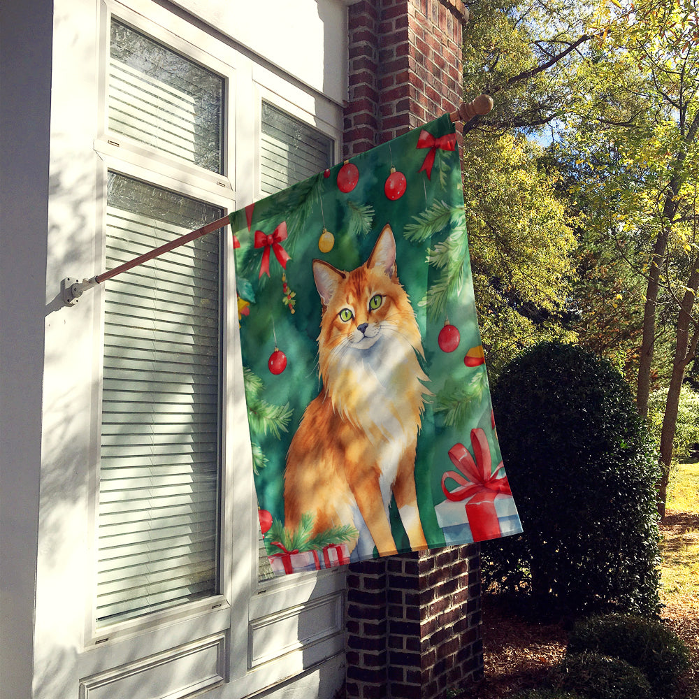 Somali Cat By the Christmas Tree House Flag 28x40 Porch Sleeve Pole Decorative Outside Yard Banner Artwork Wall Hanging, Polyester