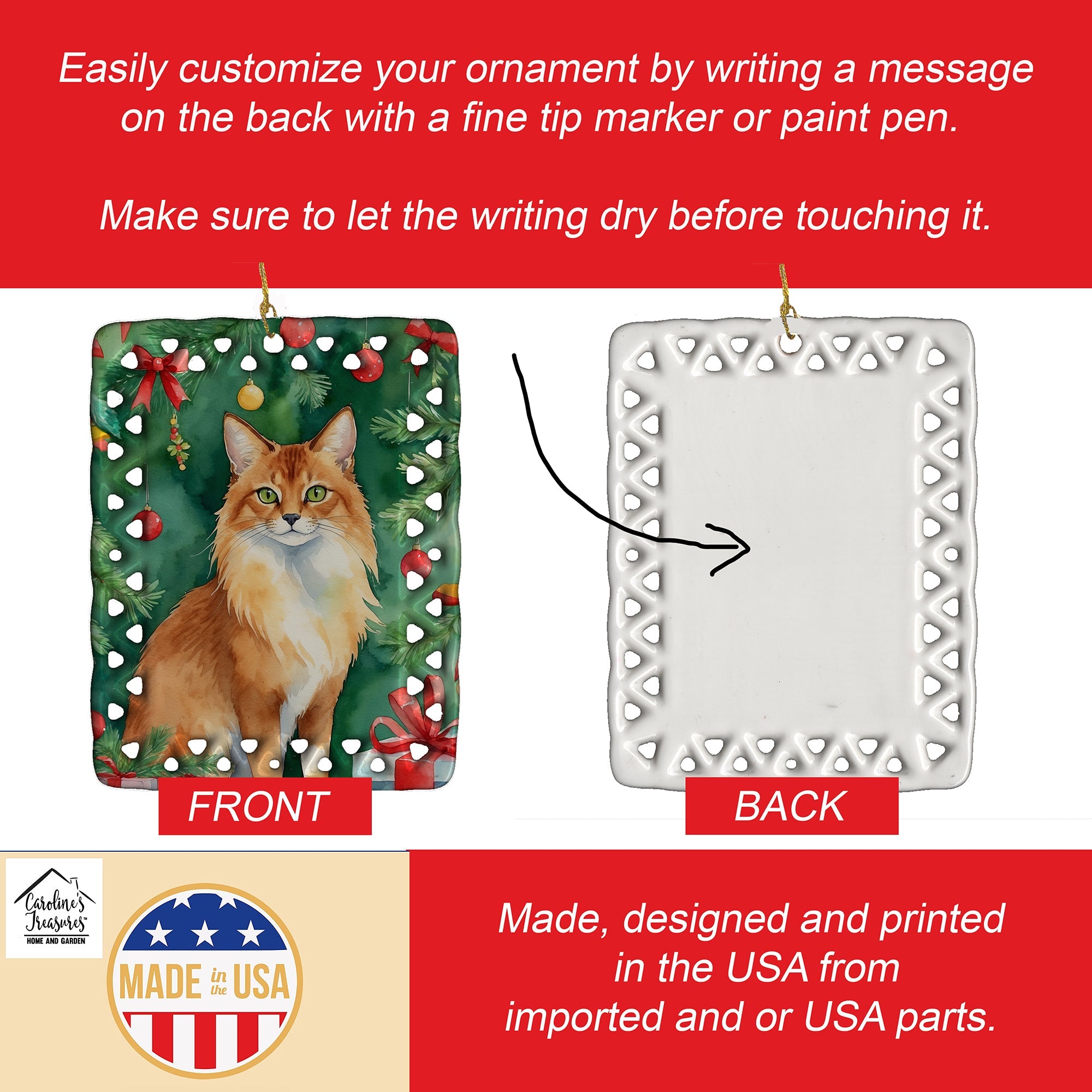 Somali Cat By the Christmas Tree Porcelain Ornament Christmas Tree Hanging Decorations for Home Christmas Holiday, Rectangle, Gift, Multicolor