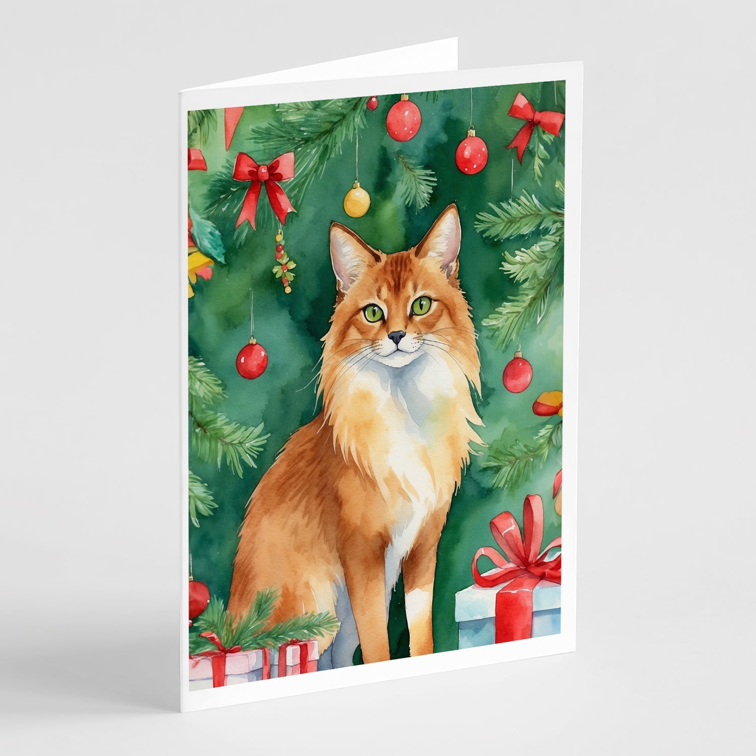 Somali Cat By the Christmas Tree Greeting Cards Pack of 8 Blank Cards with Envelopes Whimsical A7 Size 5x7