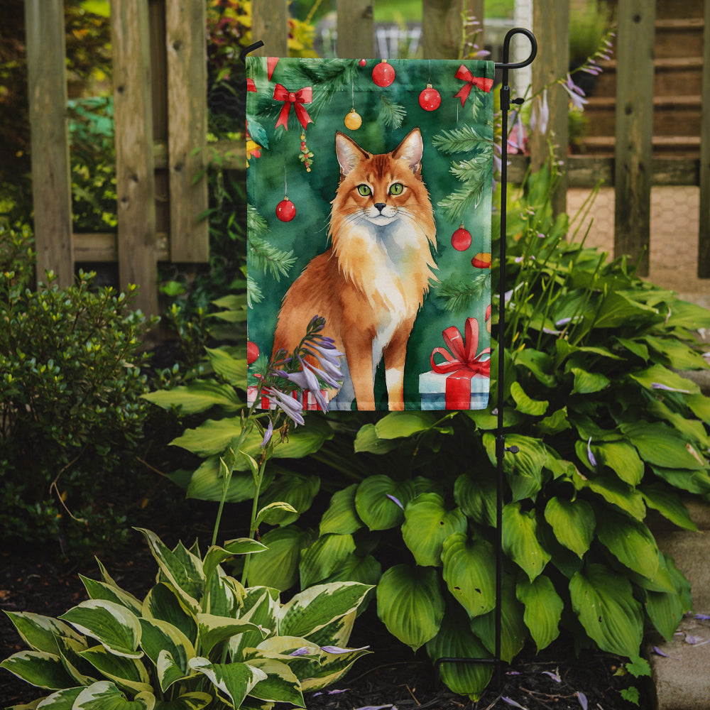 Somali Cat By the Christmas Tree Garden Flag Mailbox Decorative Yard Banner Outside Patio Artwork for Flower Beds, Garden Size, Multicolor