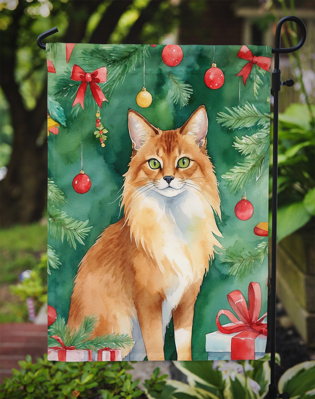 Somali Cat By the Christmas Tree Garden Flag Mailbox Decorative Yard Banner Outside Patio Artwork for Flower Beds, Garden Size, Multicolor