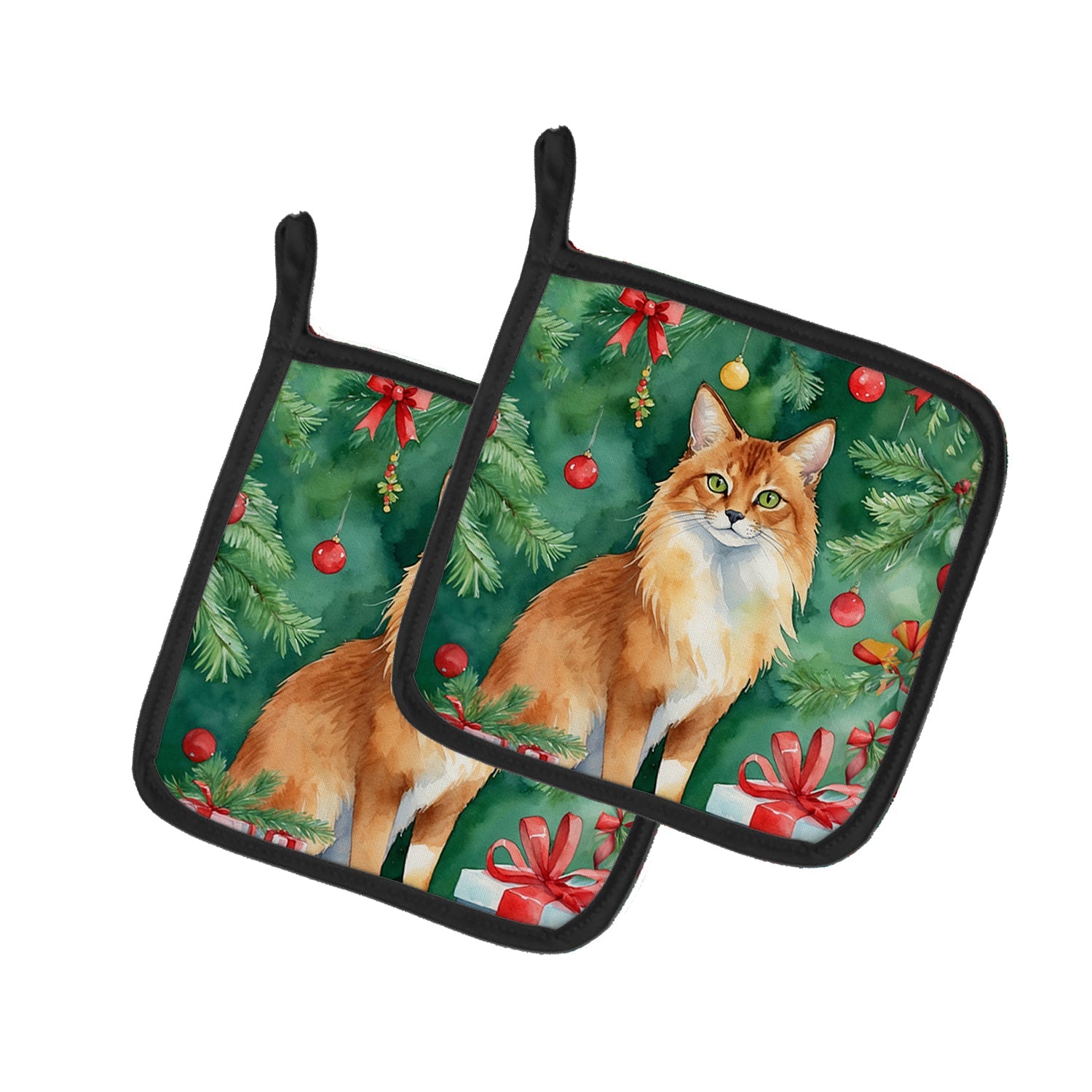 Somali Cat By the Christmas Tree Pot Holder Set of 2 Heat Resistant Quilted Hot Pads 7.5 x 7.5 Inch, Insulated Kitchen Trivets for Cooking & Baking