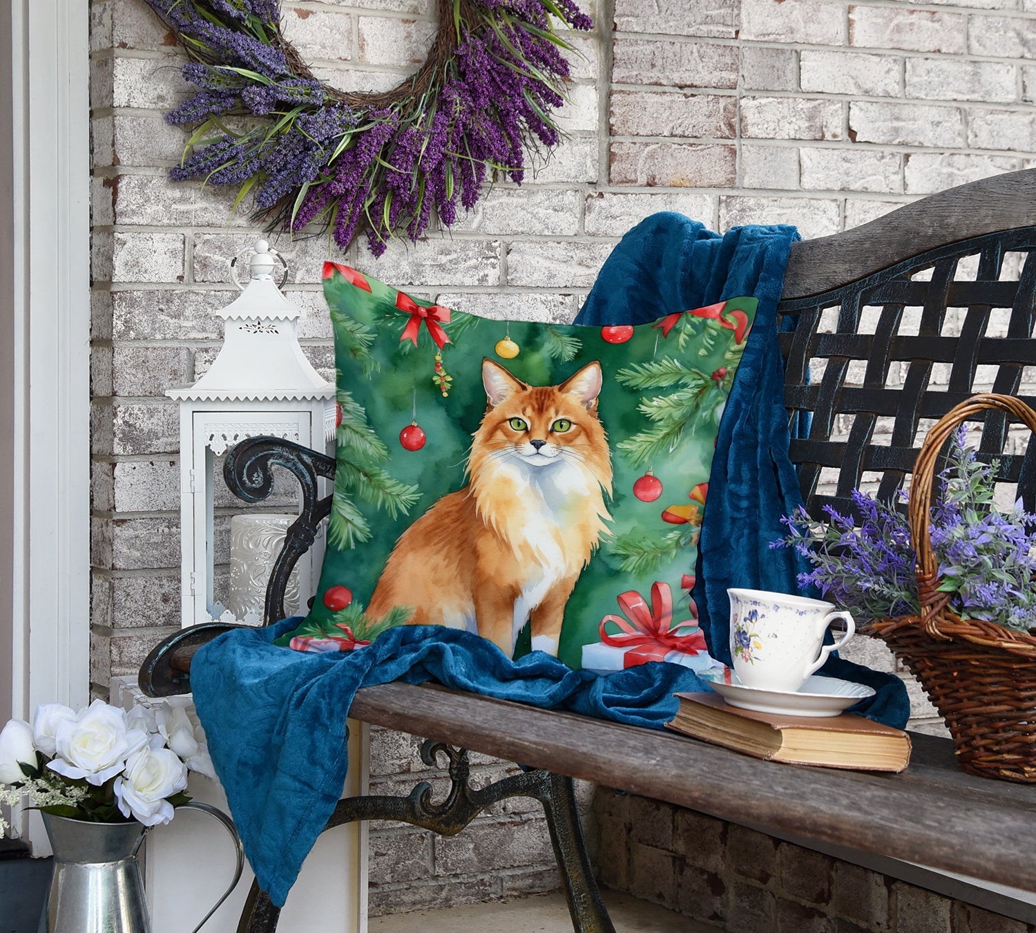 Somali Cat By the Christmas Tree Decorative Throw Pillow 18x18 Indoor Outdoor Accent Cushion, Fabric Cover with Insert for Sofa, Bed, Porch & Living Room
