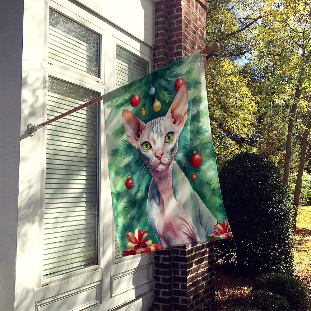 Sphynx Cat By the Christmas Tree House Flag 28x40 Porch Sleeve Pole Decorative Outside Yard Banner Artwork Wall Hanging, Polyester