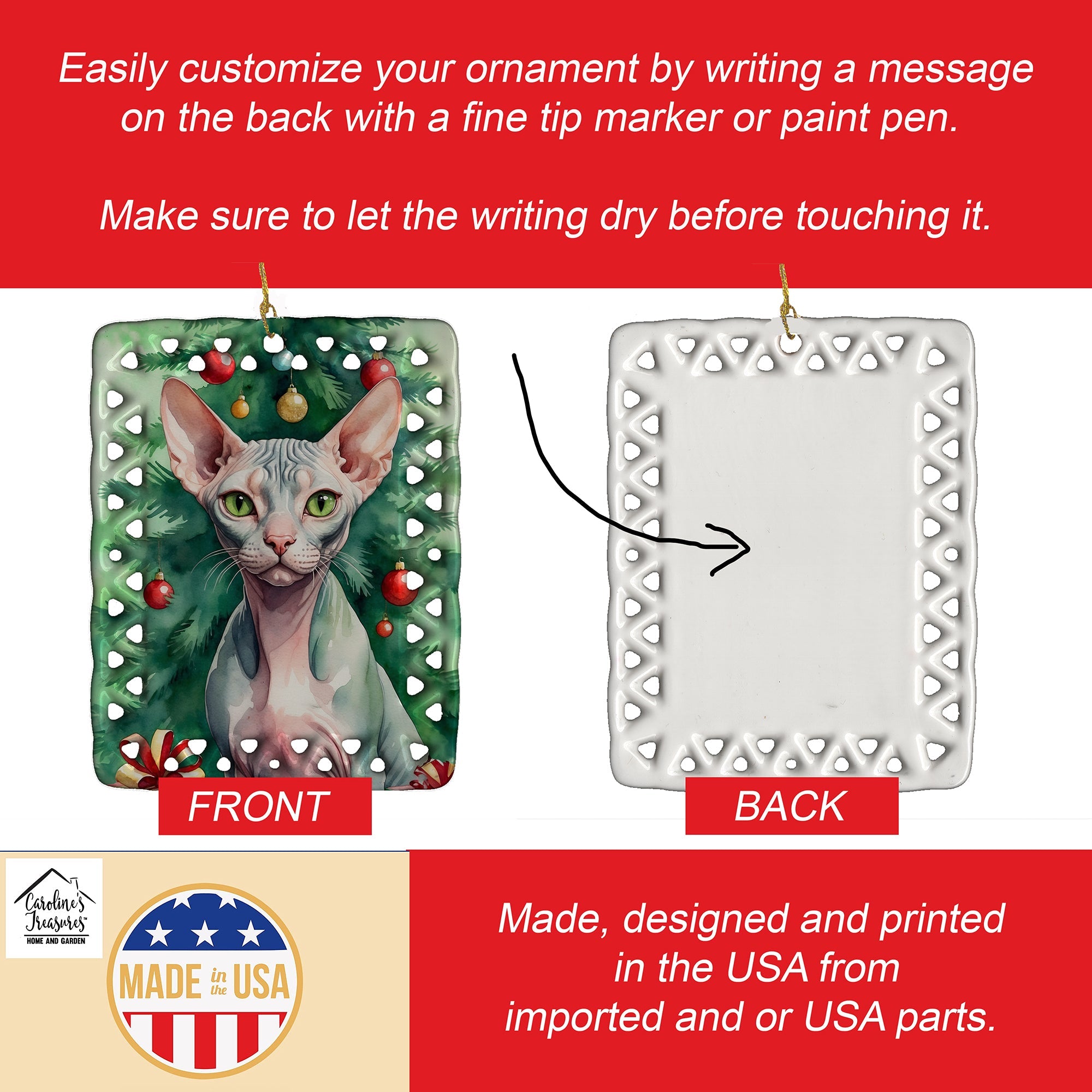 Sphynx Cat By the Christmas Tree Porcelain Ornament Christmas Tree Hanging Decorations for Home Christmas Holiday, Rectangle, Gift, Multicolor