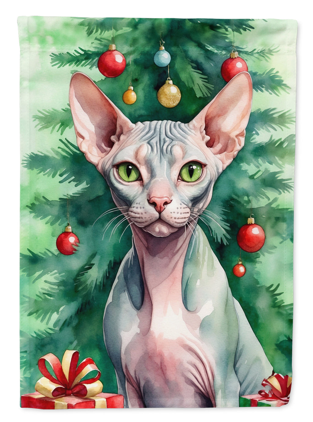 Sphynx Cat By the Christmas Tree Garden Flag Mailbox Decorative Yard Banner Outside Patio Artwork for Flower Beds, Garden Size, Multicolor
