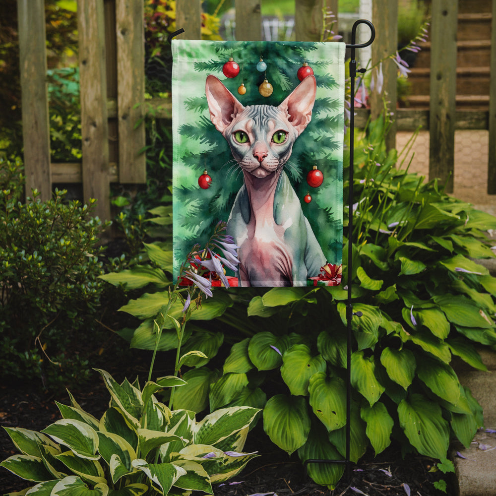 Sphynx Cat By the Christmas Tree Garden Flag Mailbox Decorative Yard Banner Outside Patio Artwork for Flower Beds, Garden Size, Multicolor