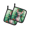 Sphynx Cat By the Christmas Tree Pot Holder Set of 2 Heat Resistant Quilted Hot Pads 7.5 x 7.5 Inch, Insulated Kitchen Trivets for Cooking & Baking