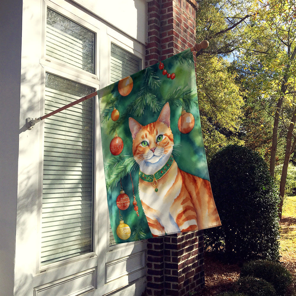 Suphalak Cat By the Christmas Tree House Flag 28x40 Porch Sleeve Pole Decorative Outside Yard Banner Artwork Wall Hanging, Polyester