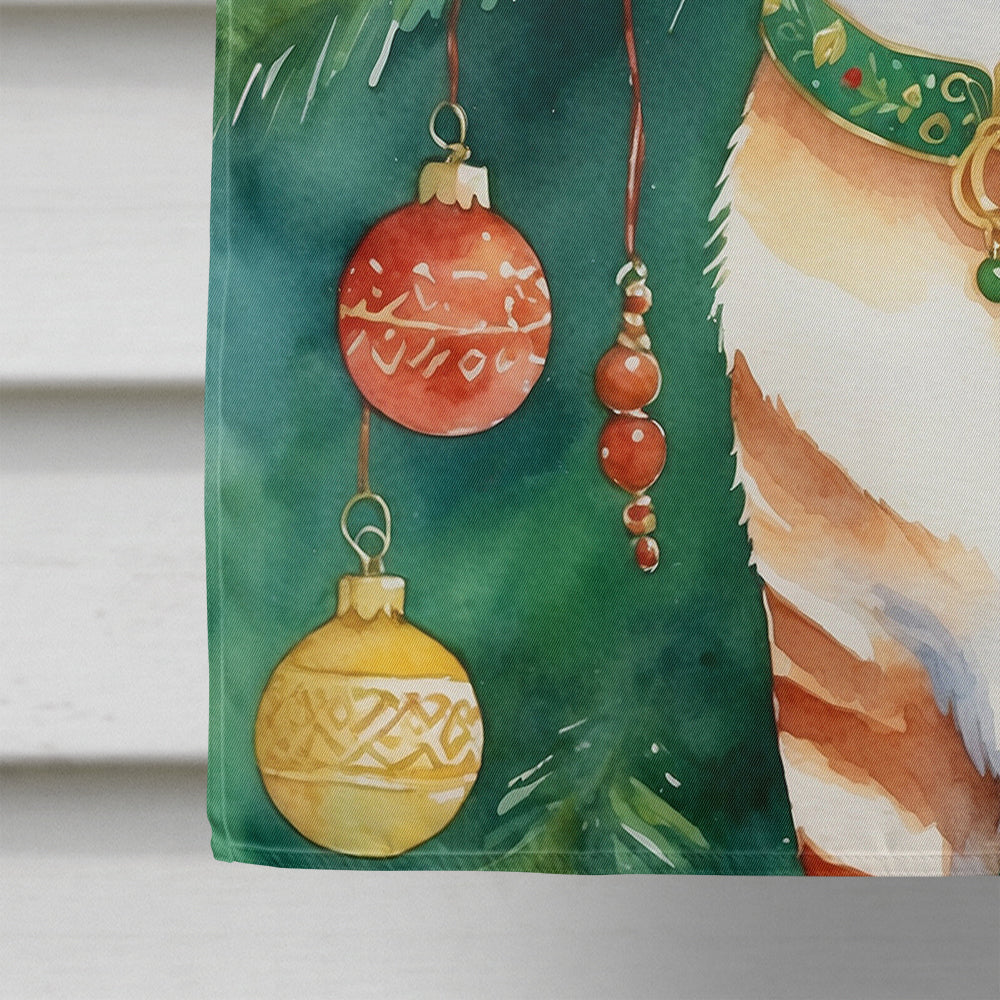 Suphalak Cat By the Christmas Tree House Flag 28x40 Porch Sleeve Pole Decorative Outside Yard Banner Artwork Wall Hanging, Polyester