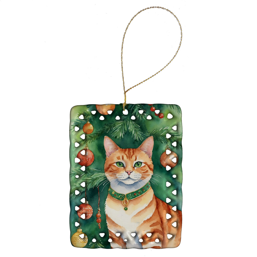 Suphalak Cat By the Christmas Tree Porcelain Ornament Christmas Tree Hanging Decorations for Home Christmas Holiday, Rectangle, Gift, Multicolor