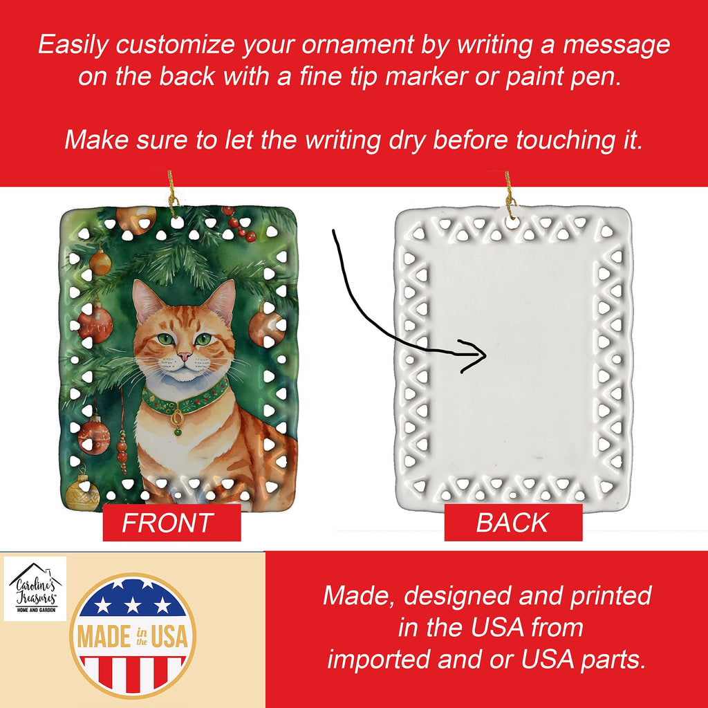 Suphalak Cat By the Christmas Tree Porcelain Ornament Christmas Tree Hanging Decorations for Home Christmas Holiday, Rectangle, Gift, Multicolor