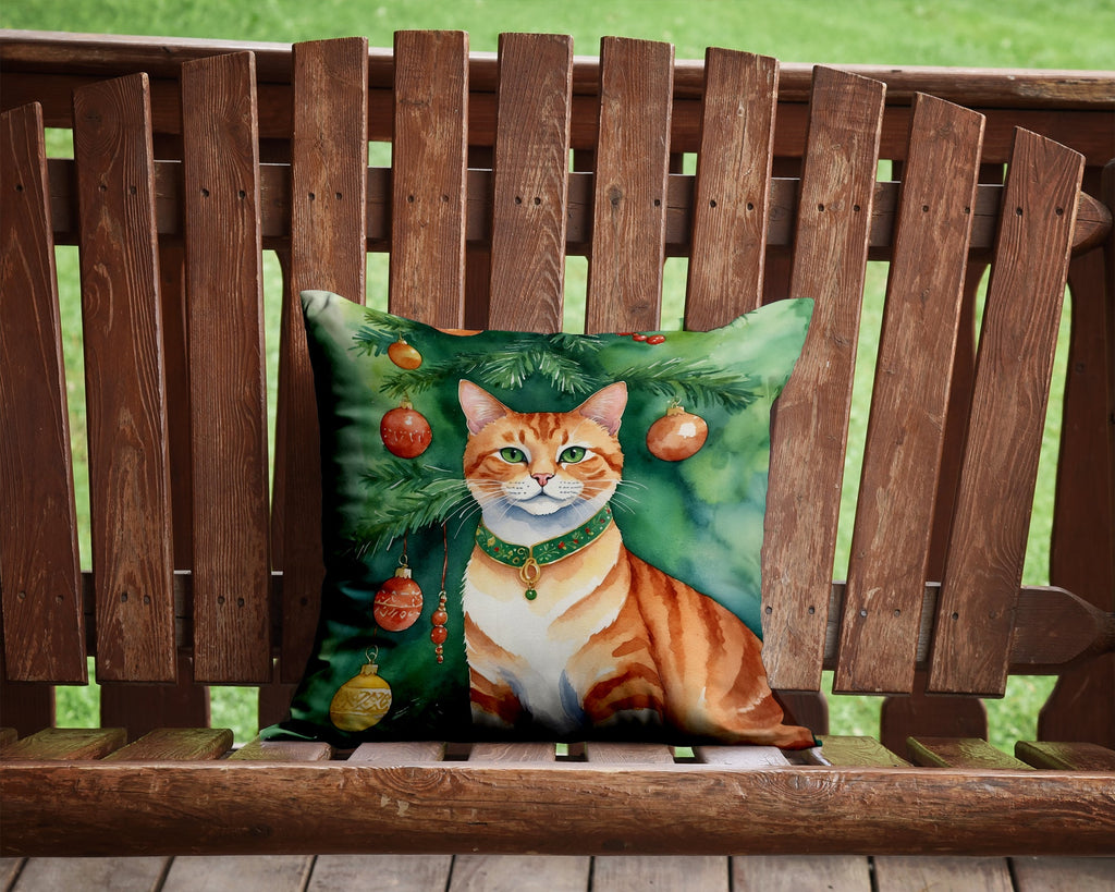 Suphalak Cat By the Christmas Tree Decorative Throw Pillow 14x14 Indoor Outdoor Accent Cushion, Fabric Cover with Insert for Sofa, Bed, Porch & Living Room