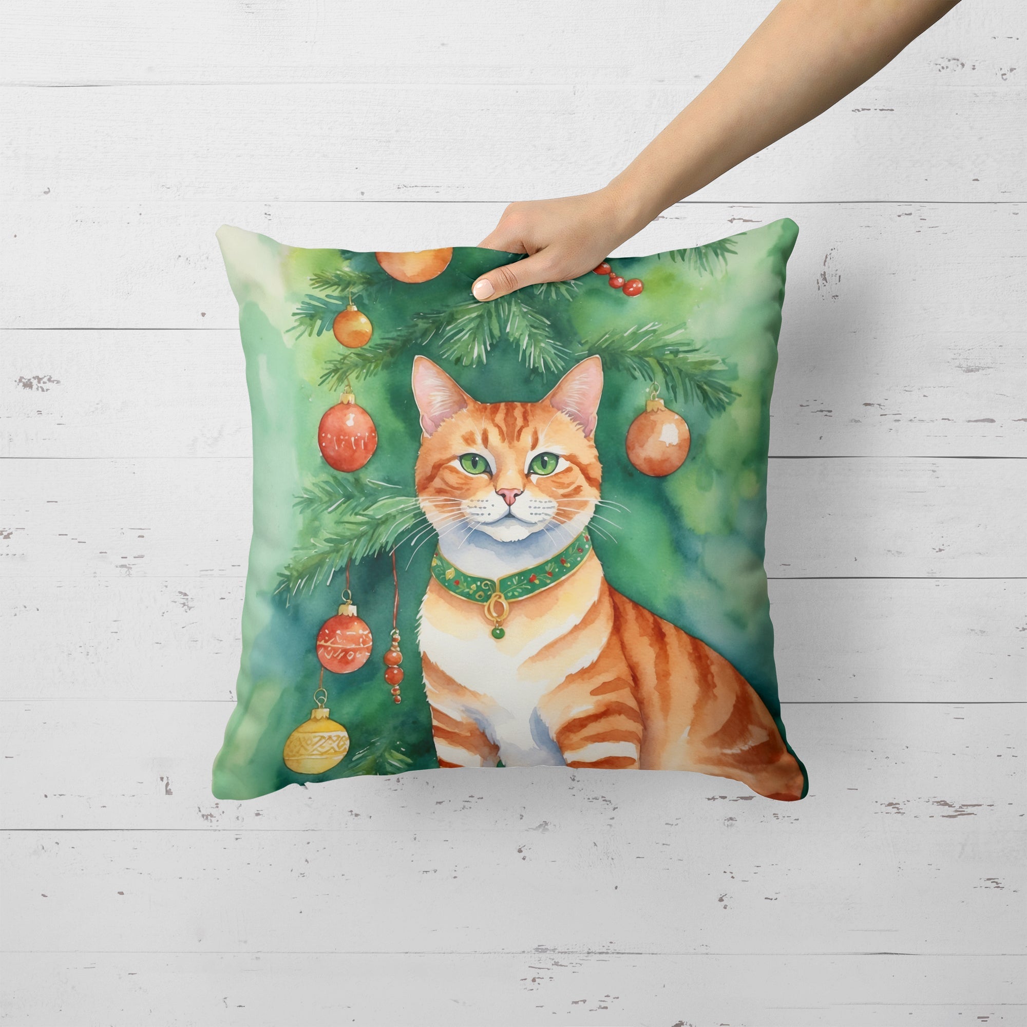 Suphalak Cat By the Christmas Tree Decorative Throw Pillow 18x18 Indoor Outdoor Accent Cushion, Fabric Cover with Insert for Sofa, Bed, Porch & Living Room