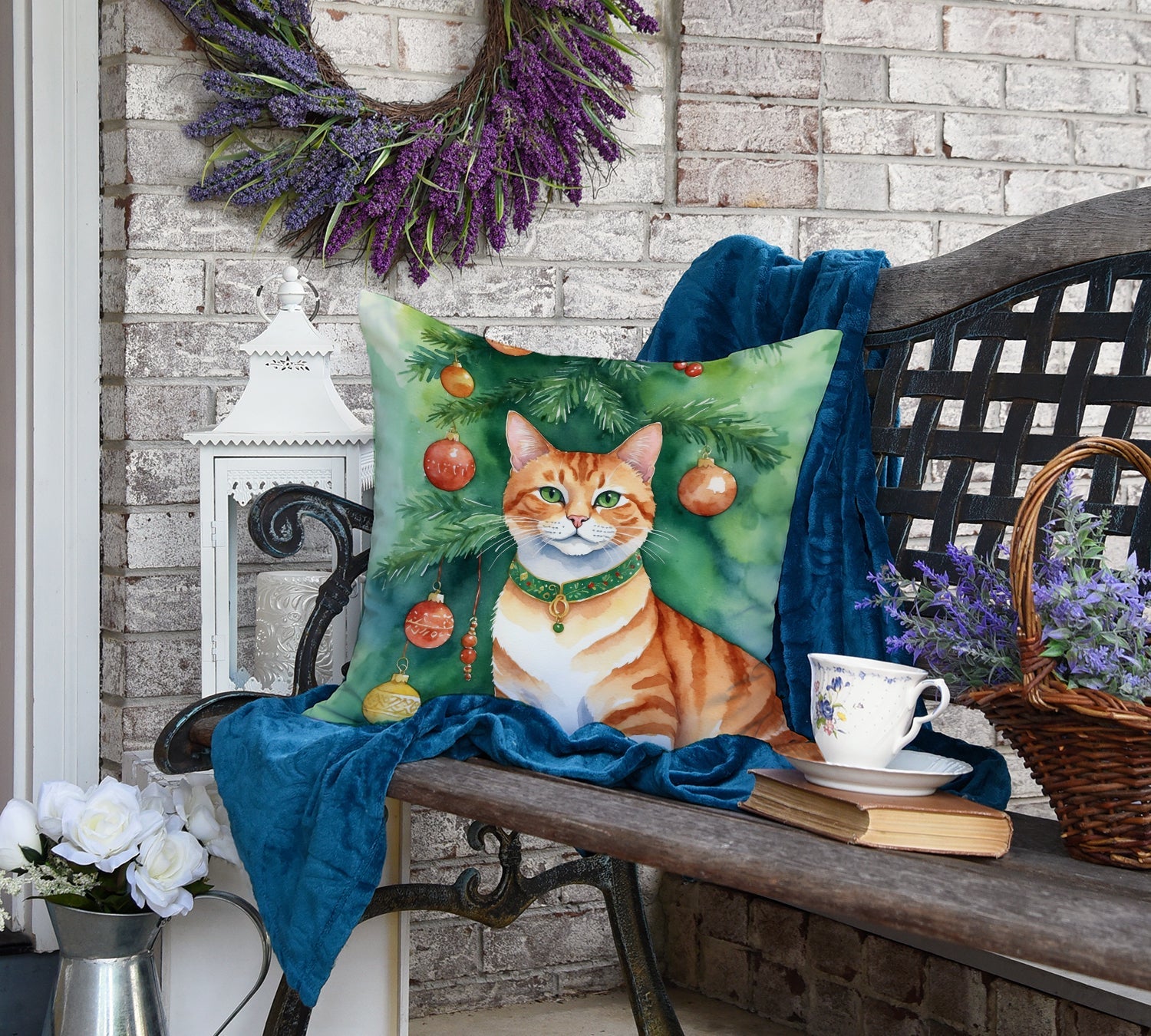 Suphalak Cat By the Christmas Tree Decorative Throw Pillow 18x18 Indoor Outdoor Accent Cushion, Fabric Cover with Insert for Sofa, Bed, Porch & Living Room