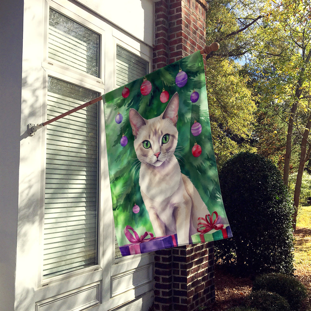 Thai Lilac Cat By the Christmas Tree House Flag 28x40 Porch Sleeve Pole Decorative Outside Yard Banner Artwork Wall Hanging, Polyester