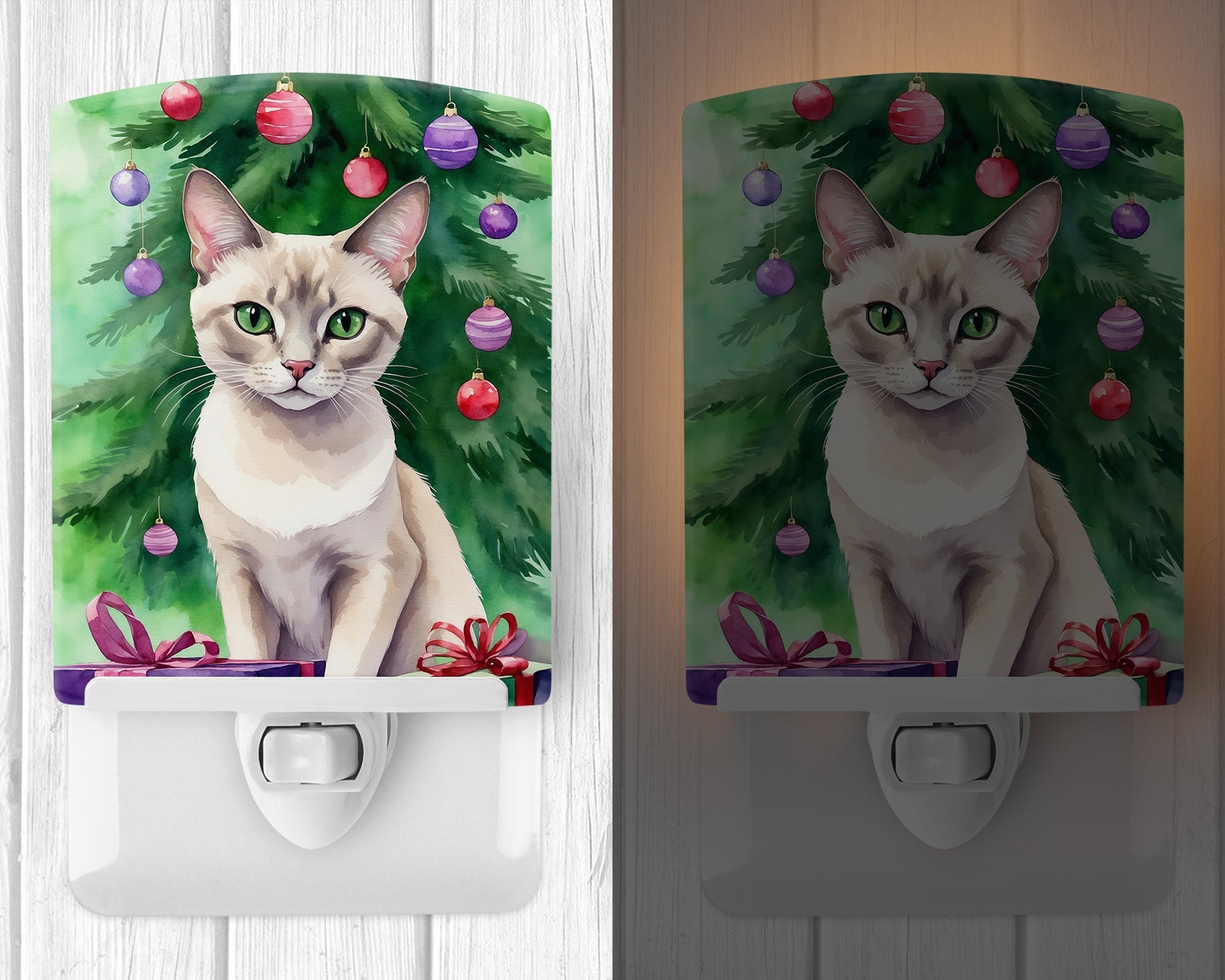 Thai Lilac Cat By the Christmas Tree Ceramic Night Light Compact, UL-Certified, Ideal for Bedroom, Bathroom, Nursery, Hallway, Kitchen, 6x4x3, Multicolor