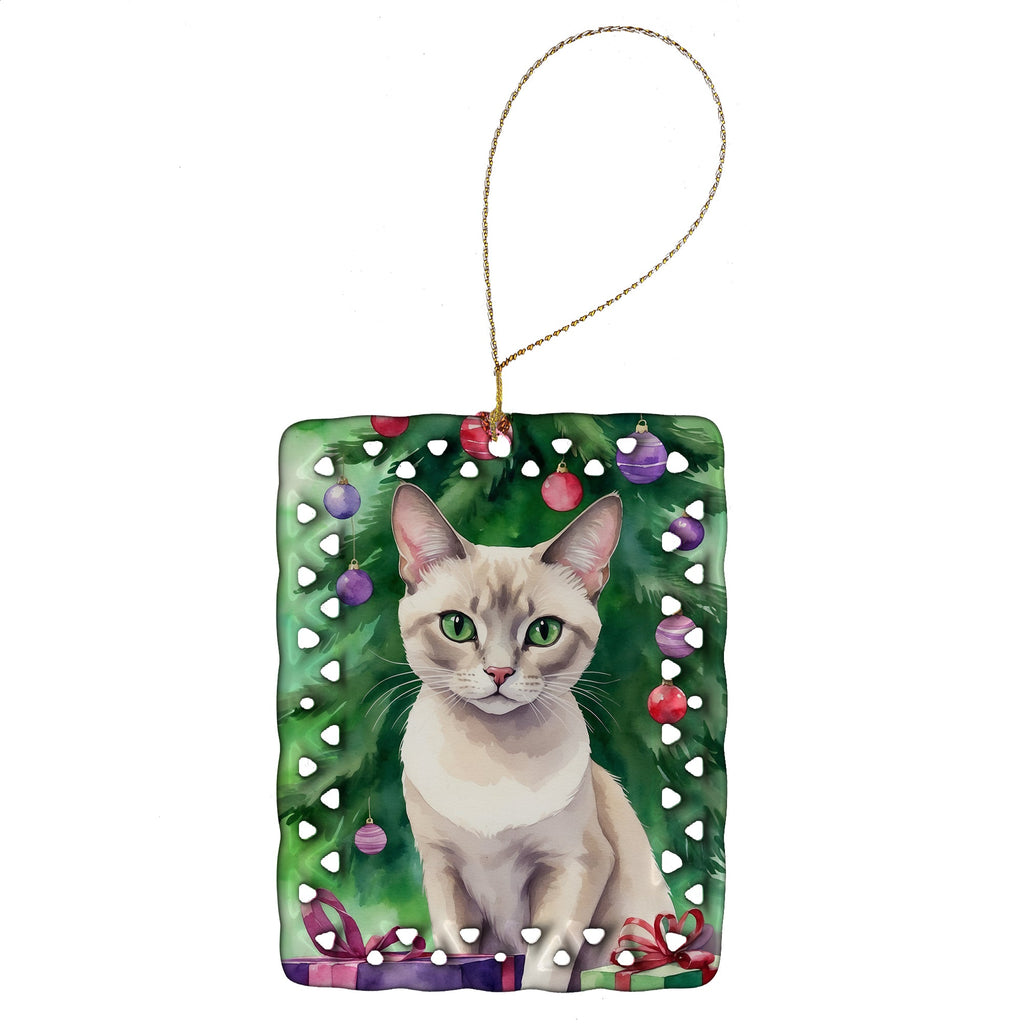 Thai Lilac Cat By the Christmas Tree Porcelain Ornament Christmas Tree Hanging Decorations for Home Christmas Holiday, Rectangle, Gift, Multicolor