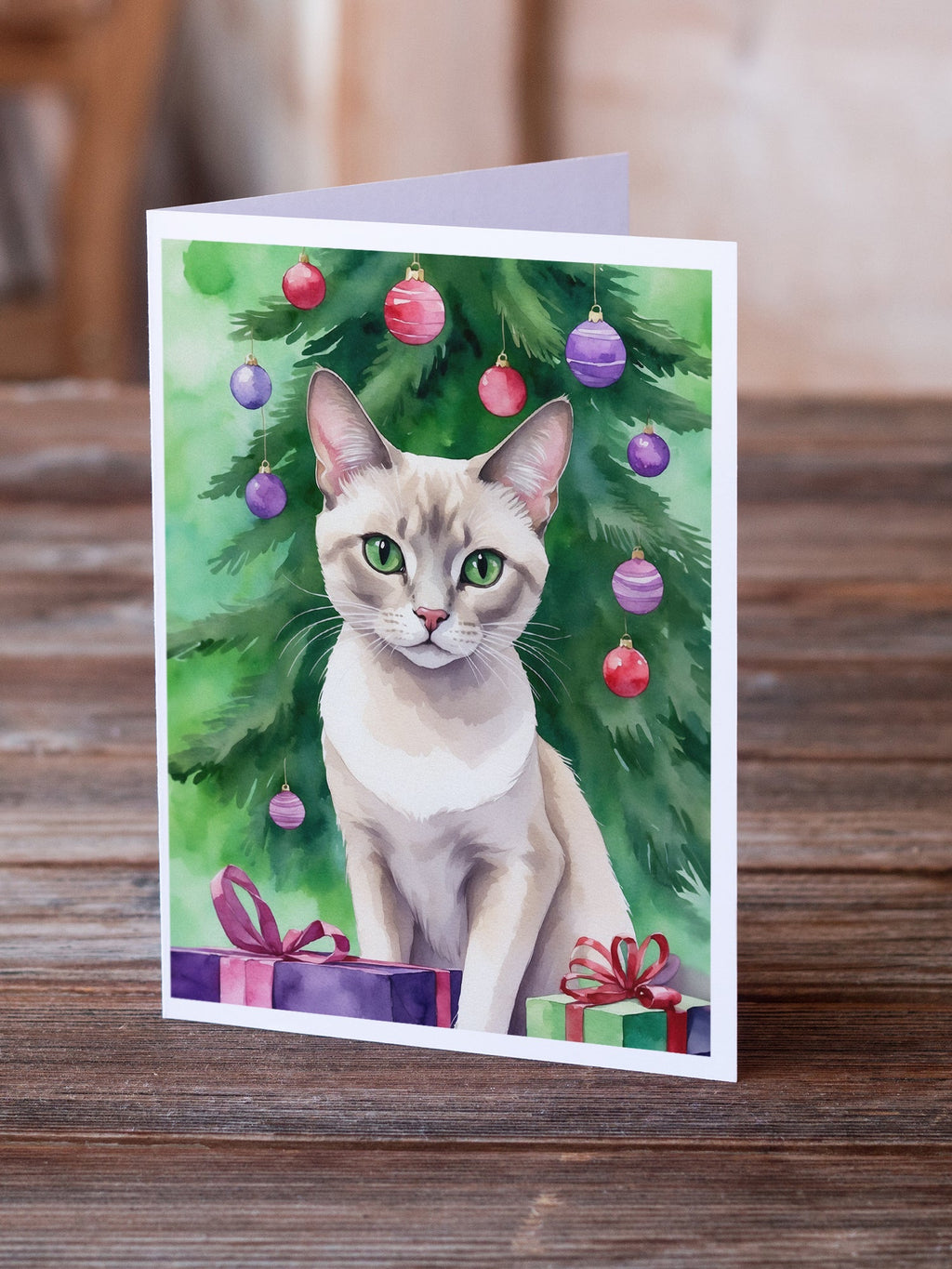 Thai Lilac Cat By the Christmas Tree Greeting Cards Pack of 8 Blank Cards with Envelopes Whimsical A7 Size 5x7