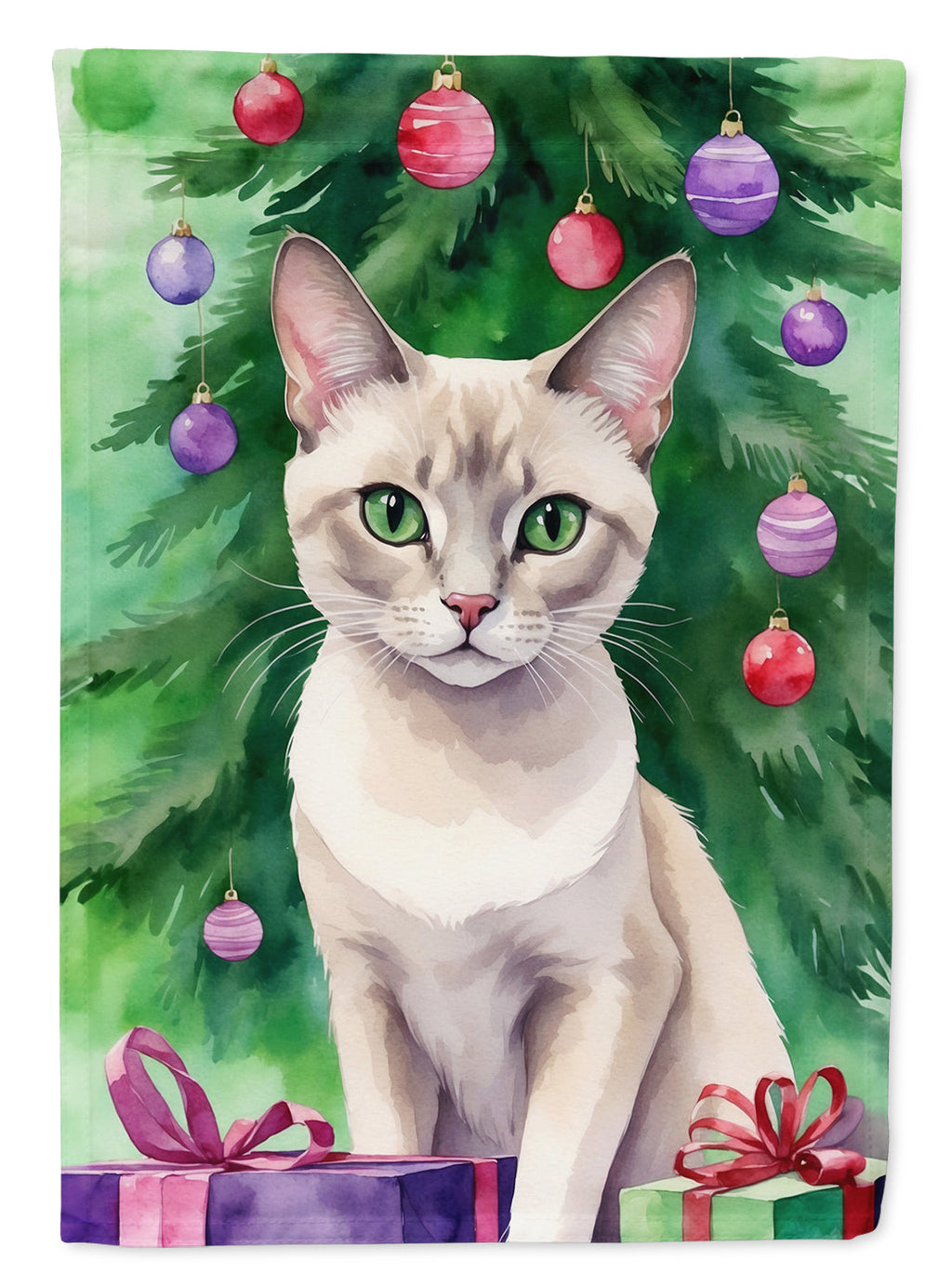 Thai Lilac Cat By the Christmas Tree Garden Flag Mailbox Decorative Yard Banner Outside Patio Artwork for Flower Beds, Garden Size, Multicolor