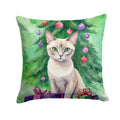 Thai Lilac Cat By the Christmas Tree Decorative Throw Pillow 18x18 Indoor Outdoor Accent Cushion, Fabric Cover with Insert for Sofa, Bed, Porch & Living Room