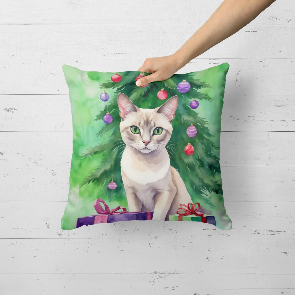 Thai Lilac Cat By the Christmas Tree Decorative Throw Pillow 18x18 Indoor Outdoor Accent Cushion, Fabric Cover with Insert for Sofa, Bed, Porch & Living Room
