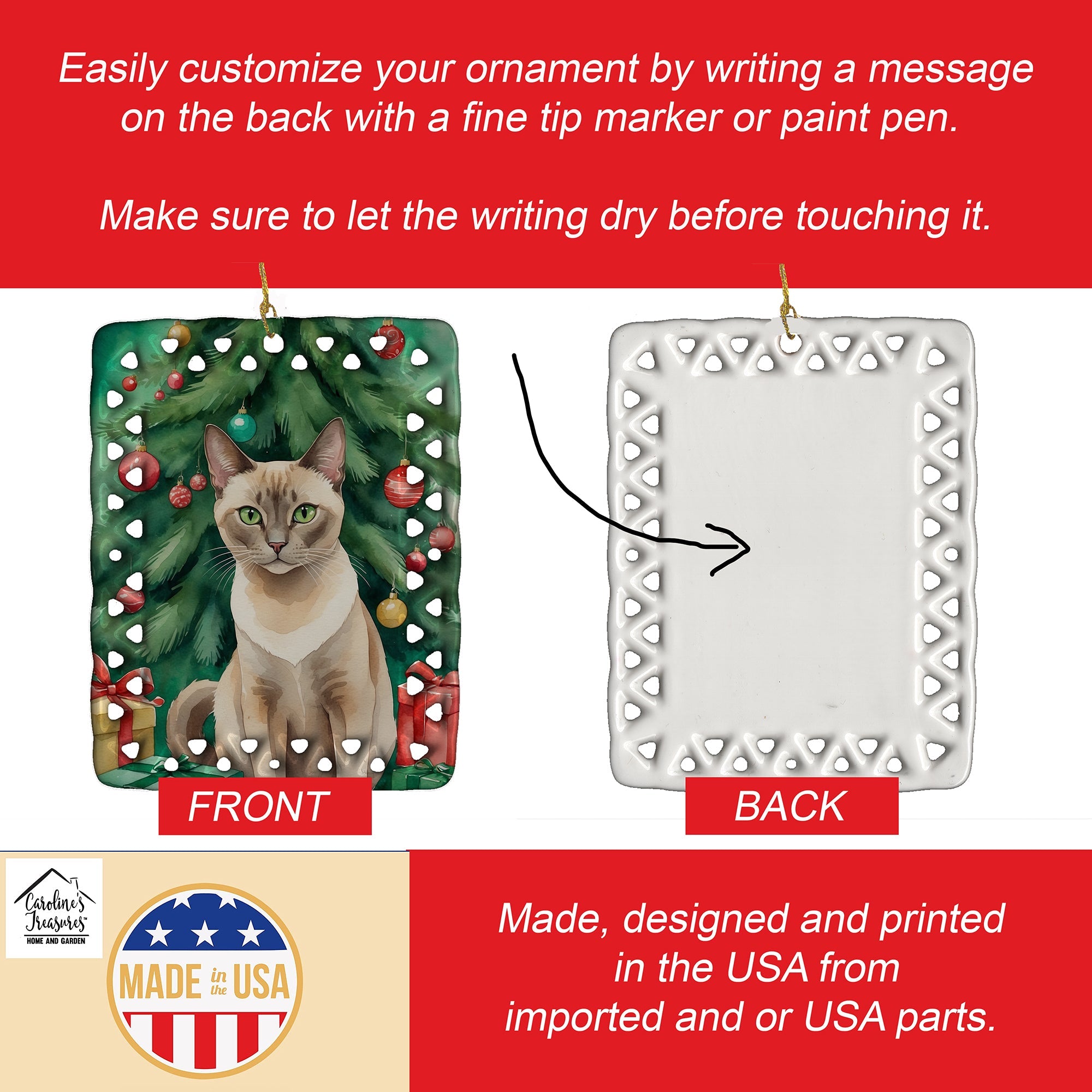Tonkinese Cat By the Christmas Tree Porcelain Ornament Christmas Tree Hanging Decorations for Home Christmas Holiday, Rectangle, Gift, Multicolor
