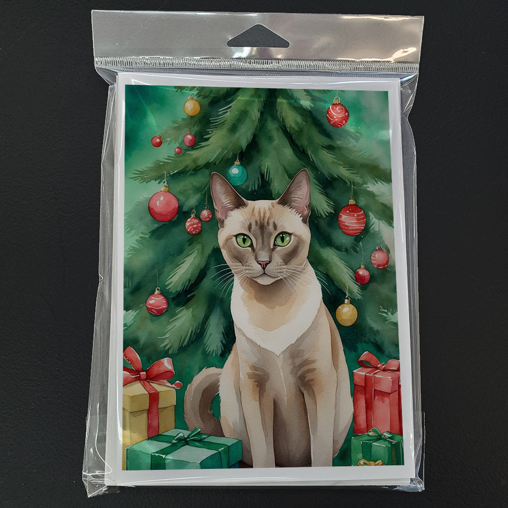 Tonkinese Cat By the Christmas Tree Greeting Cards Pack of 8 Blank Cards with Envelopes Whimsical A7 Size 5x7