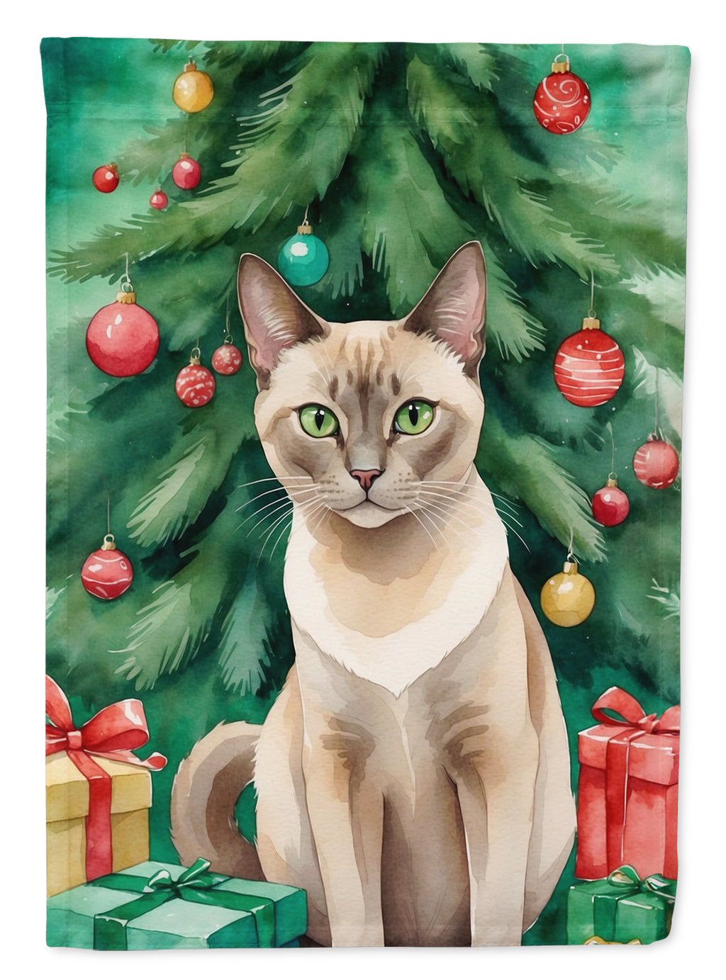 Tonkinese Cat By the Christmas Tree Garden Flag Mailbox Decorative Yard Banner Outside Patio Artwork for Flower Beds, Garden Size, Multicolor