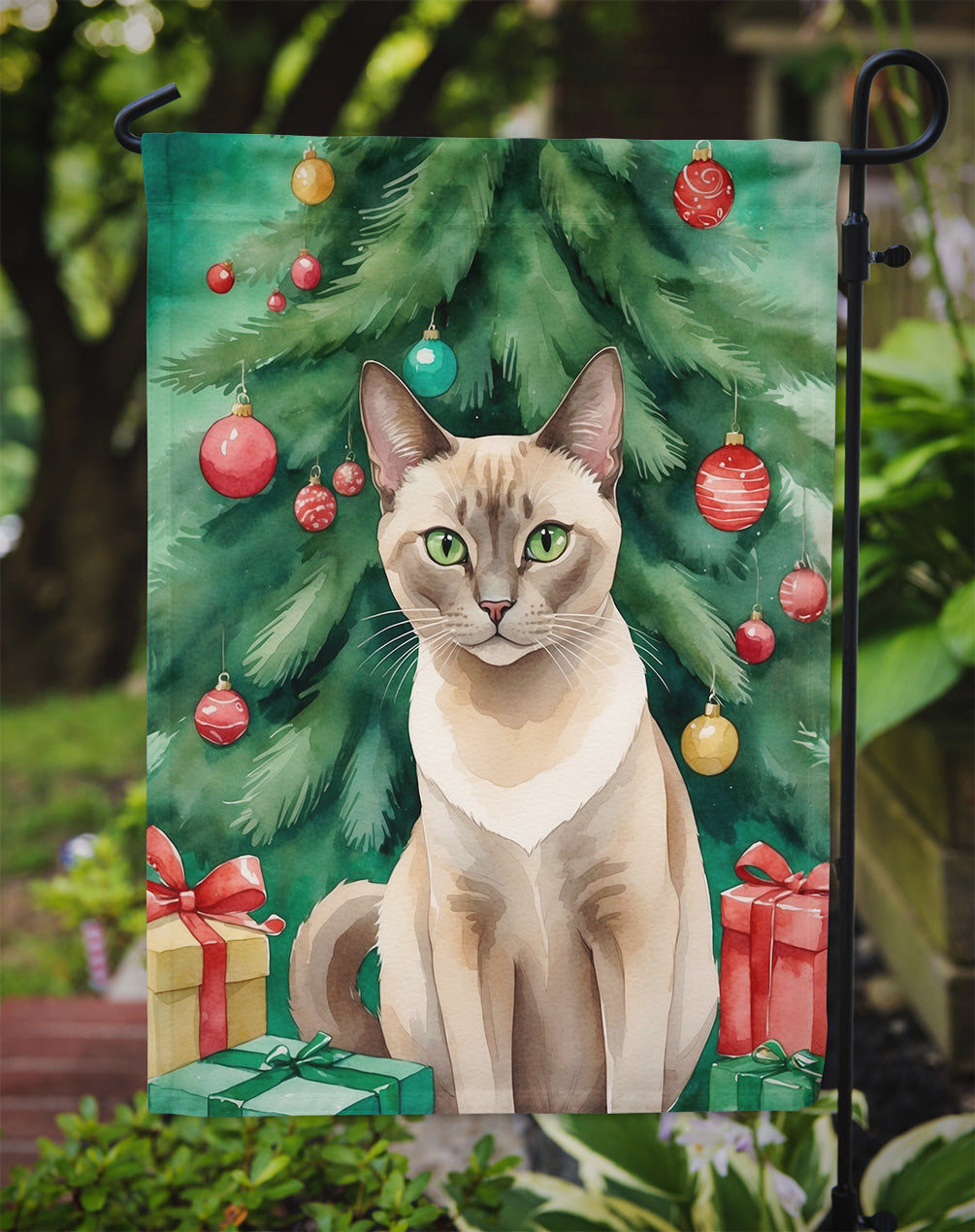 Tonkinese Cat By the Christmas Tree Garden Flag Mailbox Decorative Yard Banner Outside Patio Artwork for Flower Beds, Garden Size, Multicolor