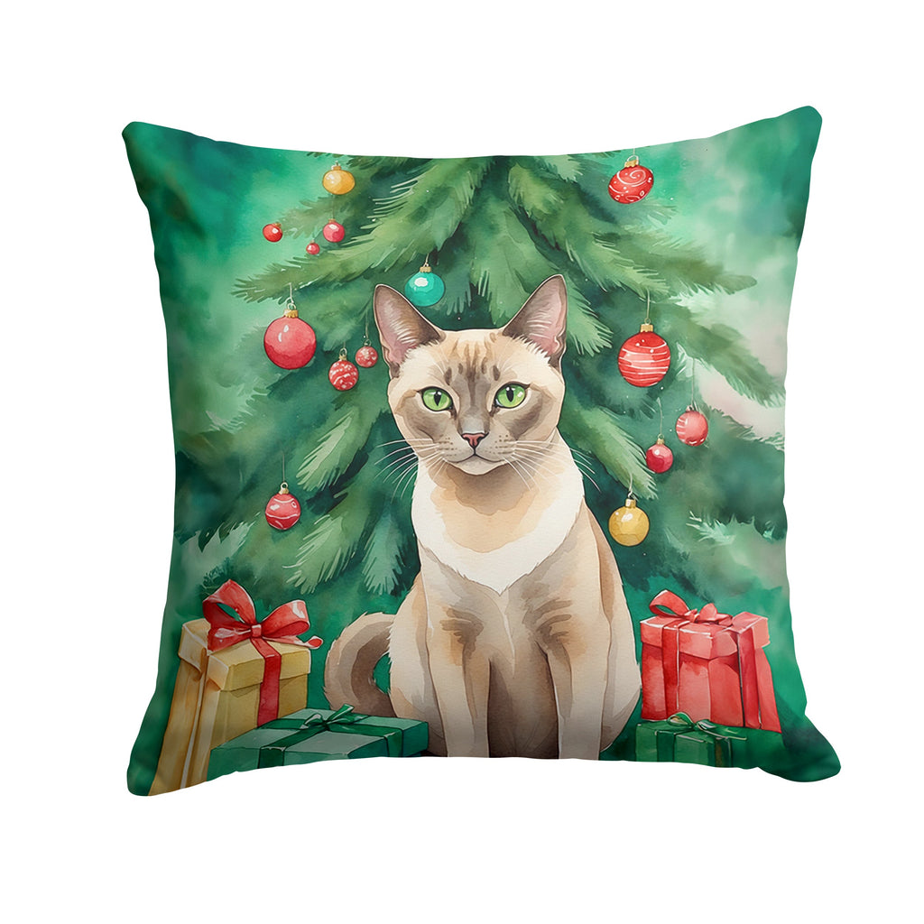 Tonkinese Cat By the Christmas Tree Decorative Throw Pillow 18x18 Indoor Outdoor Accent Cushion, Fabric Cover with Insert for Sofa, Bed, Porch & Living Room
