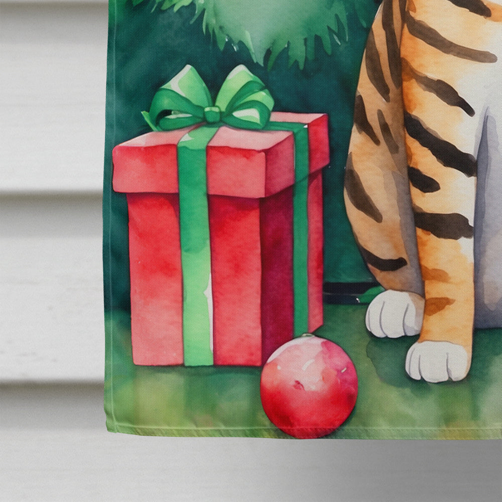 Toyger Cat By the Christmas Tree House Flag 28x40 Porch Sleeve Pole Decorative Outside Yard Banner Artwork Wall Hanging, Polyester