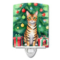 Toyger Cat By the Christmas Tree Ceramic Night Light Compact, UL-Certified, Ideal for Bedroom, Bathroom, Nursery, Hallway, Kitchen, 6x4x3, Multicolor
