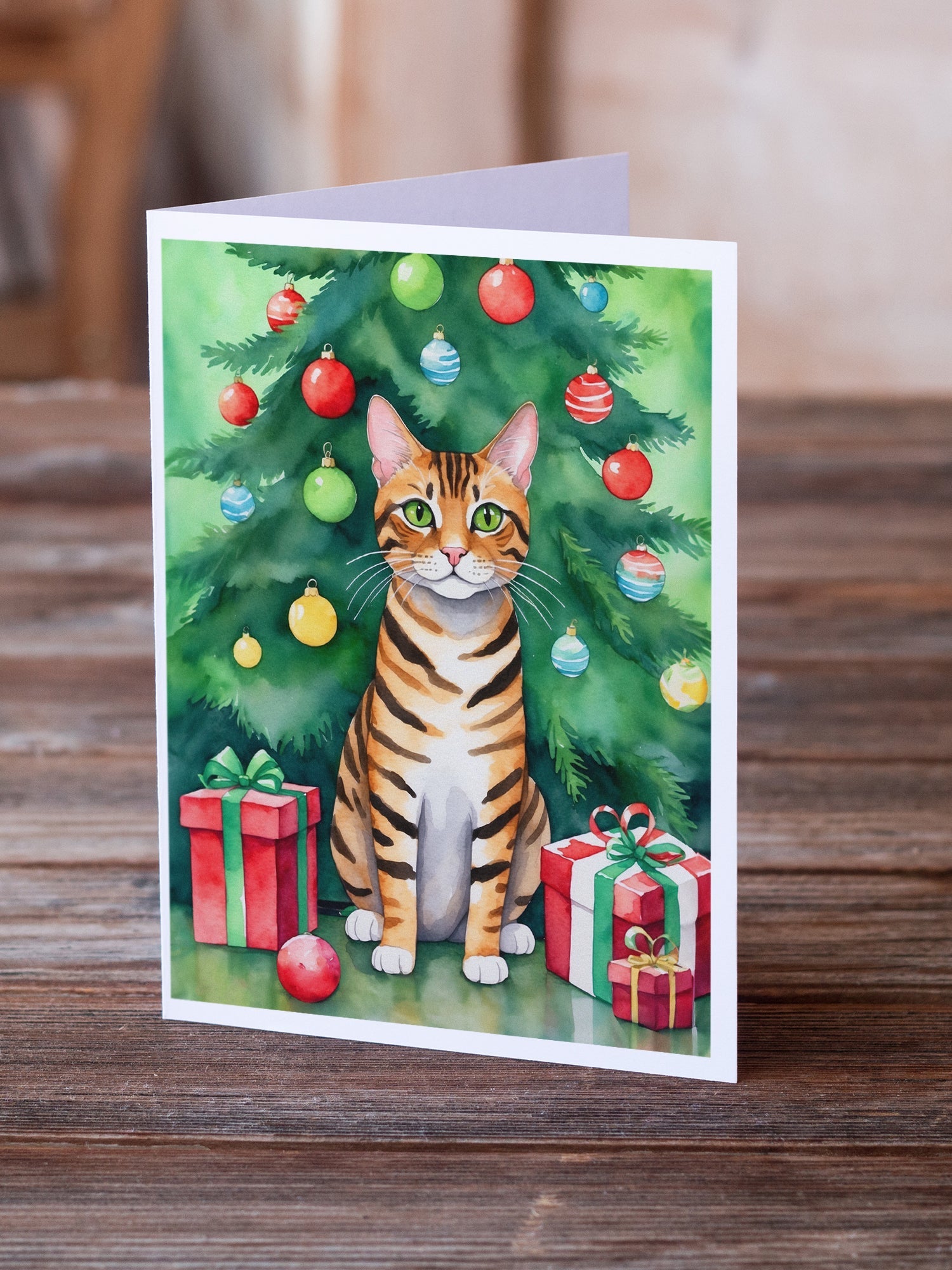 Toyger Cat By the Christmas Tree Greeting Cards Pack of 8 Blank Cards with Envelopes Whimsical A7 Size 5x7