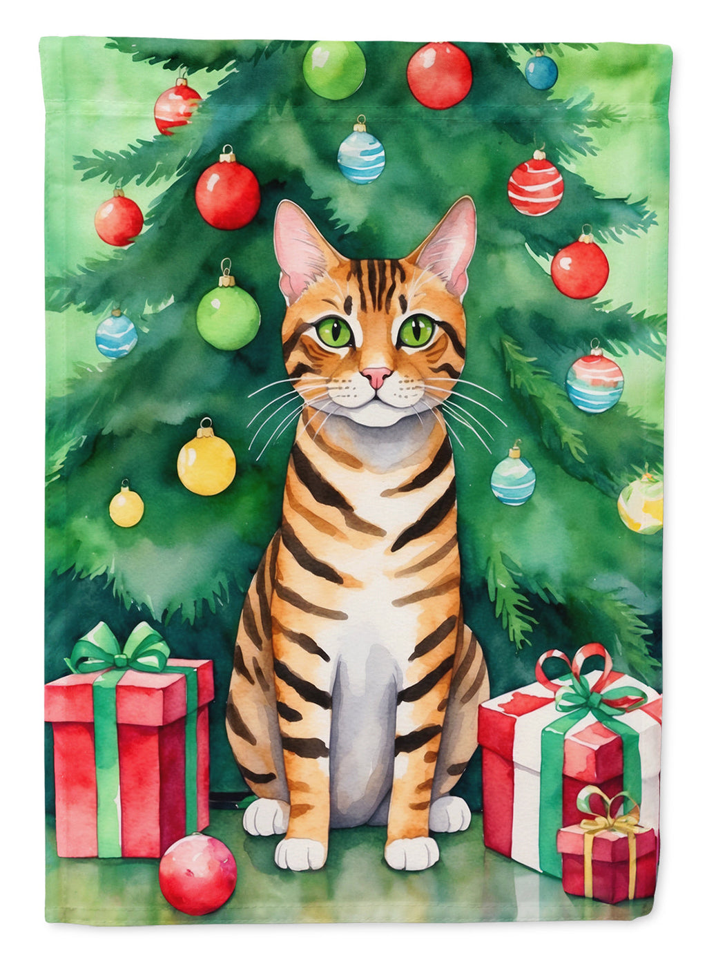 Toyger Cat By the Christmas Tree Garden Flag Mailbox Decorative Yard Banner Outside Patio Artwork for Flower Beds, Garden Size, Multicolor