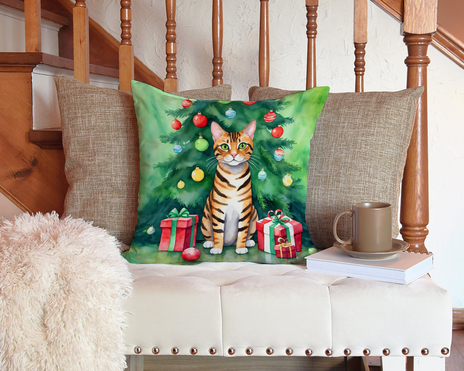 Toyger Cat By the Christmas Tree Decorative Throw Pillow 14x14 Indoor Outdoor Accent Cushion, Fabric Cover with Insert for Sofa, Bed, Porch & Living Room