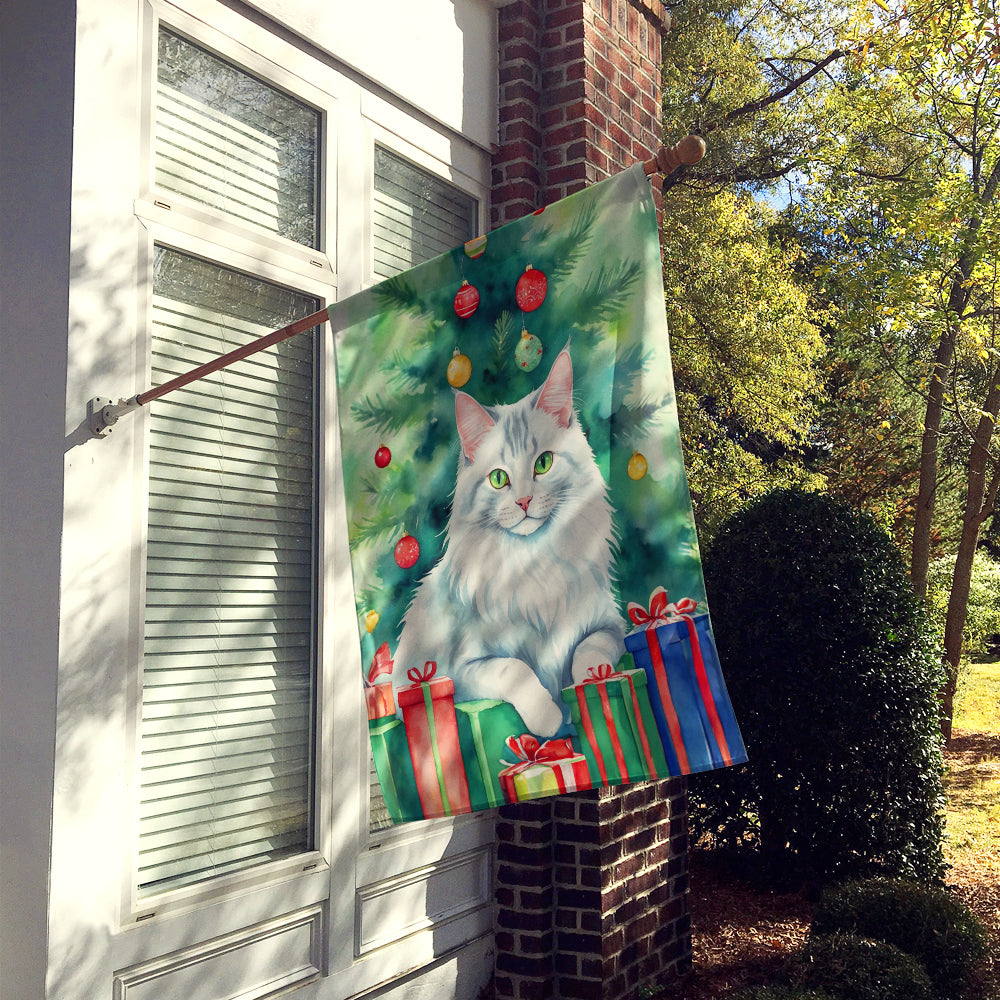 Turkish Angora Cat By the Christmas Tree House Flag 28x40 Porch Sleeve Pole Decorative Outside Yard Banner Artwork Wall Hanging, Polyester
