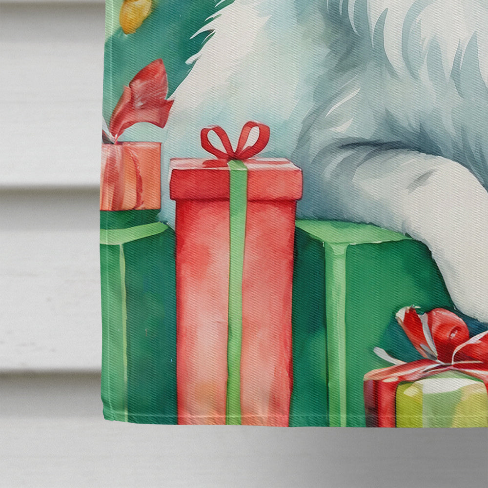 Turkish Angora Cat By the Christmas Tree House Flag 28x40 Porch Sleeve Pole Decorative Outside Yard Banner Artwork Wall Hanging, Polyester