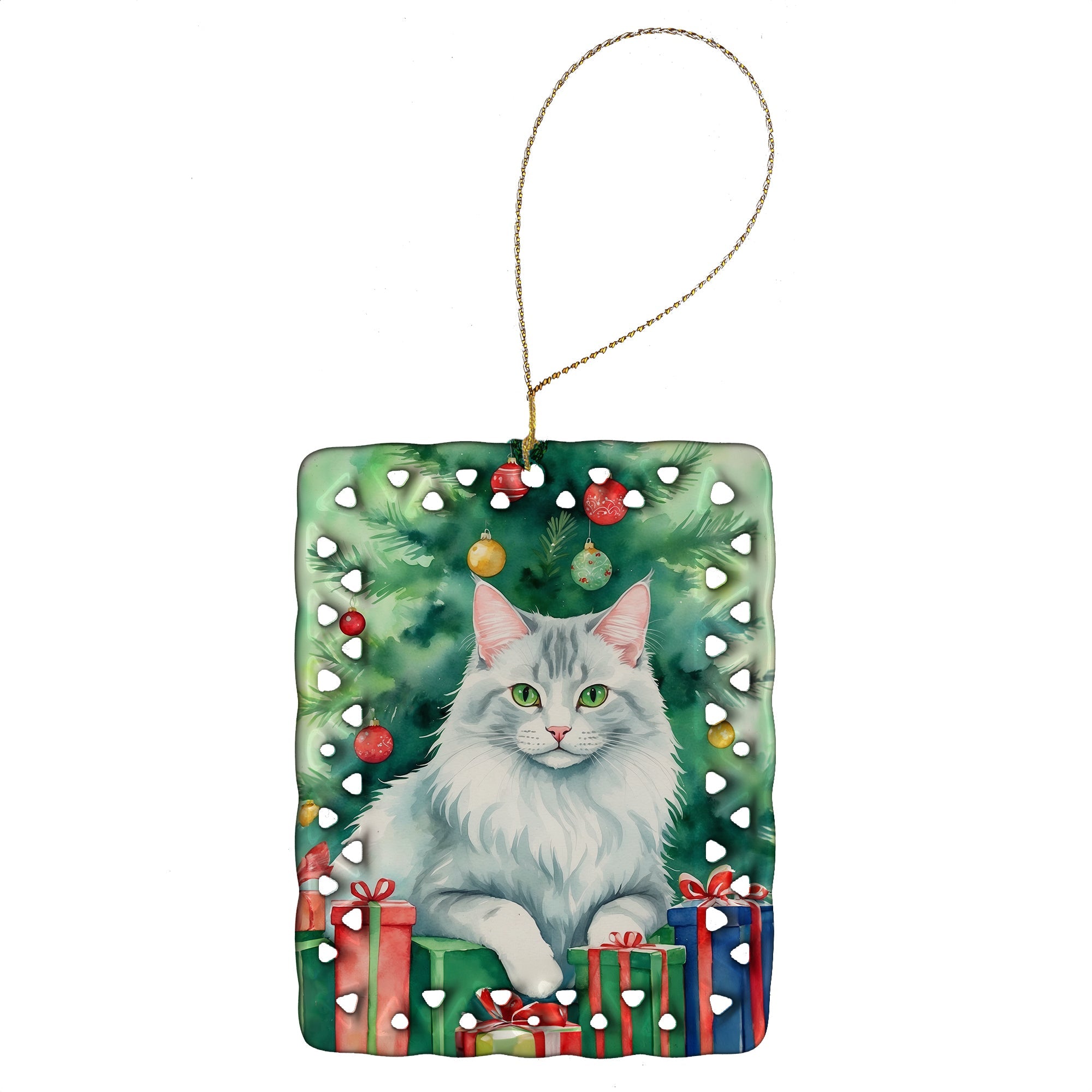 Turkish Angora Cat By the Christmas Tree Porcelain Ornament Christmas Tree Hanging Decorations for Home Christmas Holiday, Rectangle, Gift, Multicolor