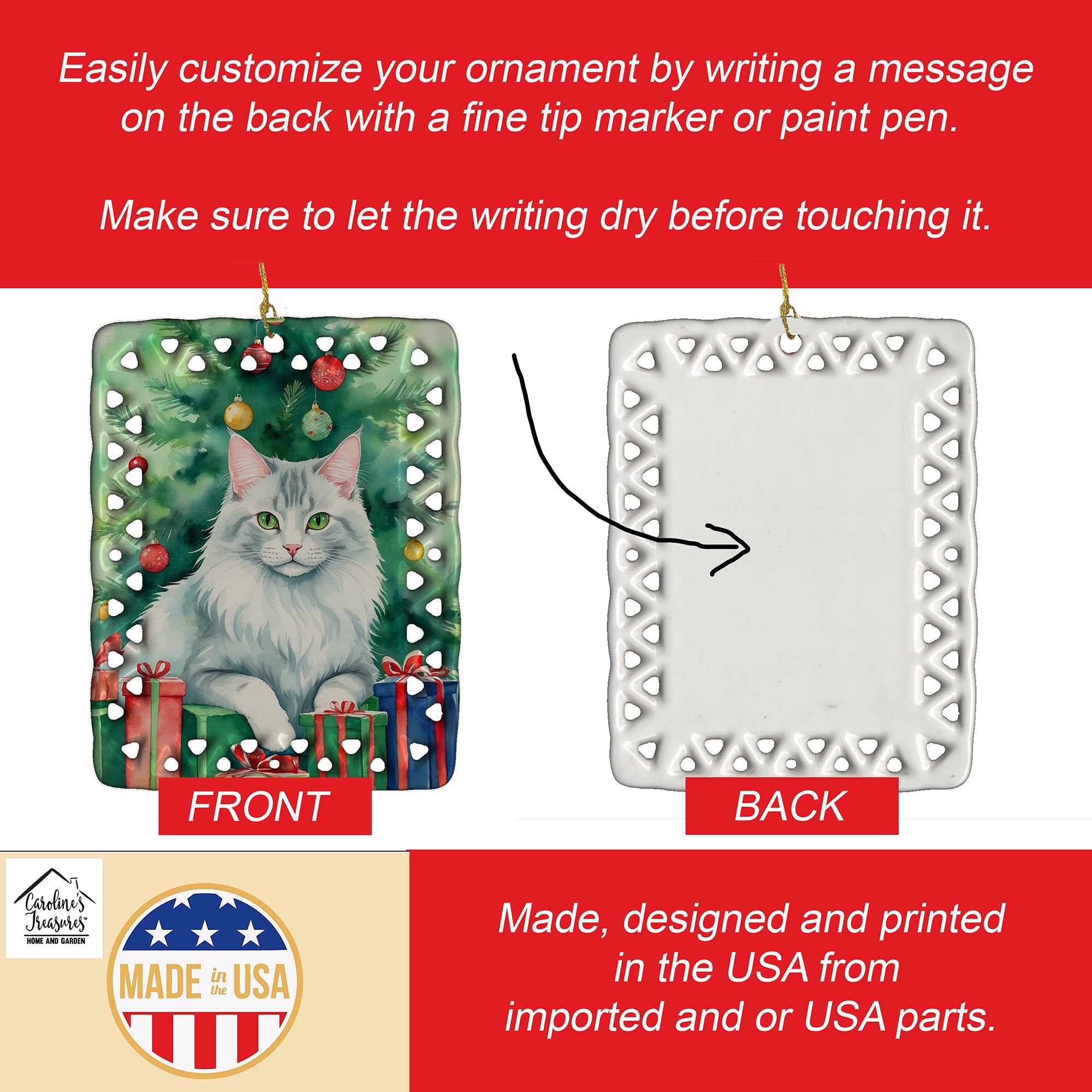 Turkish Angora Cat By the Christmas Tree Porcelain Ornament Christmas Tree Hanging Decorations for Home Christmas Holiday, Rectangle, Gift, Multicolor