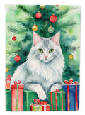 Turkish Angora Cat By the Christmas Tree Garden Flag Mailbox Decorative Yard Banner Outside Patio Artwork for Flower Beds, Garden Size, Multicolor