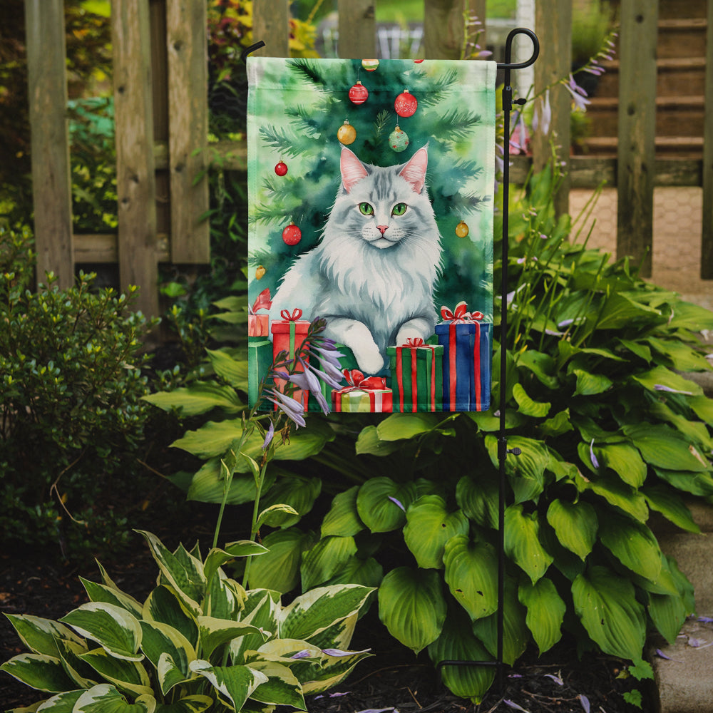 Turkish Angora Cat By the Christmas Tree Garden Flag Mailbox Decorative Yard Banner Outside Patio Artwork for Flower Beds, Garden Size, Multicolor