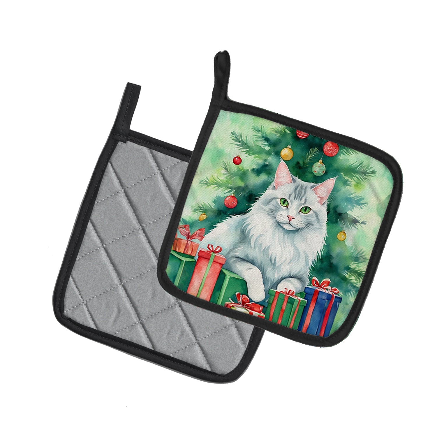 Turkish Angora Cat By the Christmas Tree Pot Holder Set of 2 Heat Resistant Quilted Hot Pads 7.5 x 7.5 Inch, Insulated Kitchen Trivets for Cooking & Baking