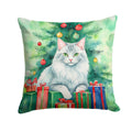 Turkish Angora Cat By the Christmas Tree Decorative Throw Pillow 18x18 Indoor Outdoor Accent Cushion, Fabric Cover with Insert for Sofa, Bed, Porch & Living Room