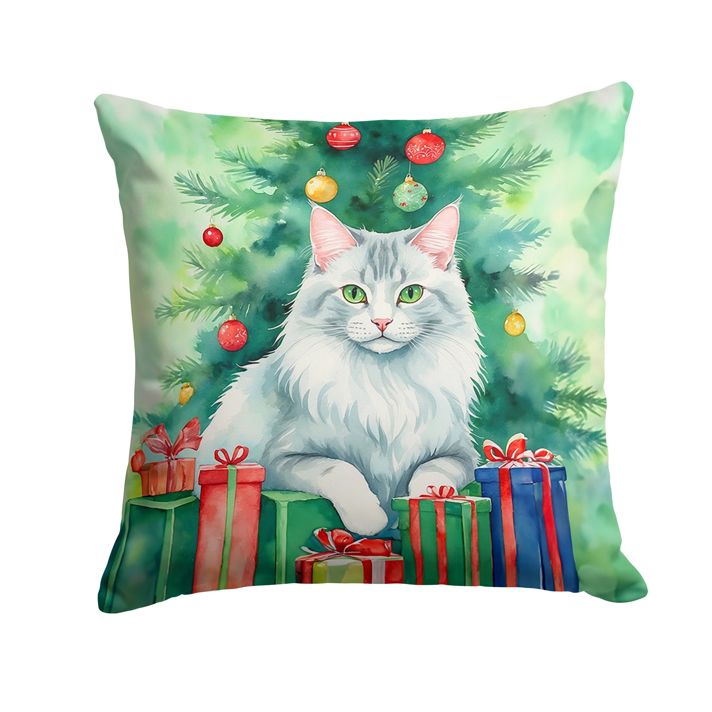 Turkish Angora Cat By the Christmas Tree Decorative Throw Pillow 18x18 Indoor Outdoor Accent Cushion, Fabric Cover with Insert for Sofa, Bed, Porch & Living Room